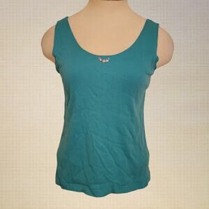 Lands' End Y2K Blue Cotton Stretch Tank Top Small Floral Embroidered Trim